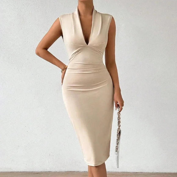 Apricot Elegant Women's Plain Fold V-Neck Tight Fit Stretchy Sleeveless Dress - Picture 1 of 8